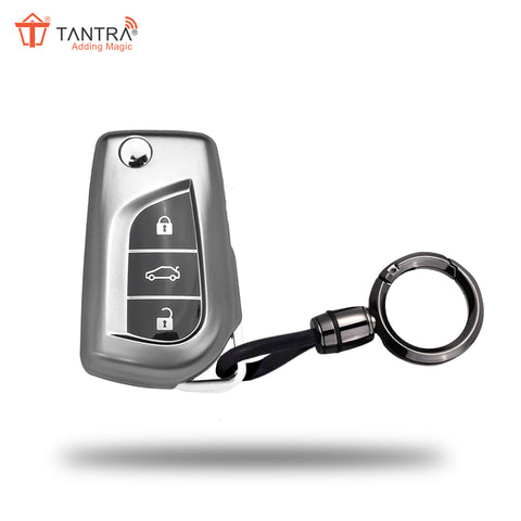 TANTRA TPU Key Cover and Metal Keychain Compatible for Toyota Corolla | Altis | Innova Crysta 3 Button Car Smart Key (Grey Pack of 2)