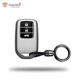 TANTRA TPU Key Cover and Round Keychain Compatible for Honda City, Civic, Jazz, Amaze, CR-V, BR-v, WR-V with 3 Button Smart Key (Grey)