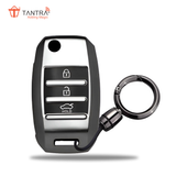 TANTRA TPU Key Cover and Round Key Chain Compatible With Kia Carens | Sonet | Seltos 3 Button Flip Key (Grey)