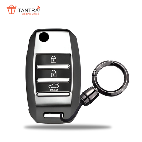 TANTRA TPU Key Cover and Round Key Chain Compatible With Kia Carens | Sonet | Seltos 3 Button Flip Key (Grey)