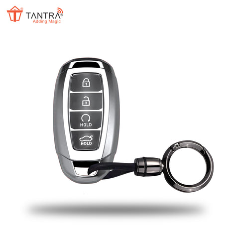 TANTRA TPU Key Cover and Round Keychain Compatible for Hyundai Verna 2023 Car 4 Button Smart Key (Grey)