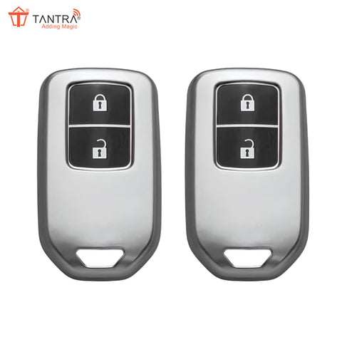 TANTRA TPU Key Cover and Metal Keychain Compatible for Honda BRV | WRV | CRV | Jazz | City 2 Button Smart Key (Grey Pack of 2)