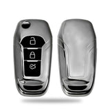 TANTRA TPU Key Cover and Round Key Chain Compatible with Endeavour, Figo Aspire, Freestyle 2017, 2018, 2019 3 Button Flip Key (Grey)