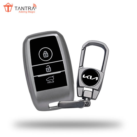 TANTRA TPU Key Cover and Metal Keychain Compatible for Kia Sonet | Carens | Seltos 3 Button Smart Key (Grey)