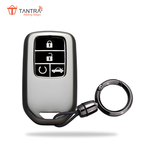 TANTRA TPU Key Cover and Round Key Chain Compatible With Honda Amaze | City | Civic 2023 2024 4 Button Flip Key (Grey)