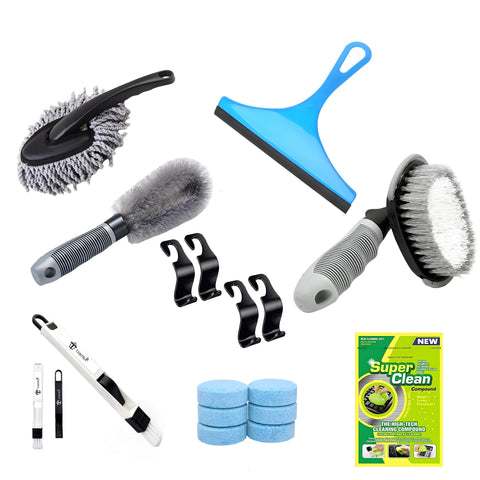 TANTRA Complete Car Cleaning Set - Includes Cleaning Pouch, Brushes, Sponges, Headrest Hook, Duster & 6 Car Wiper Tablets