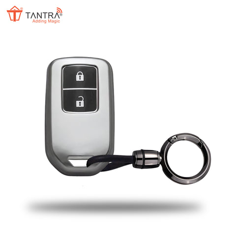 TANTRA TPU Key Cover and Round Keychain Compatible for Honda BRV | WRV | CRV | Jazz | City 2 Button Smart Key (Grey)