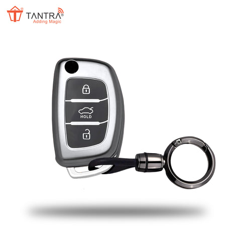 TANTRA TPU Key Cover and Round Keychain Compatible for Hyundai i 20, Xcent,Verna Flude 3 Button Flip Smart Key Cover Grey