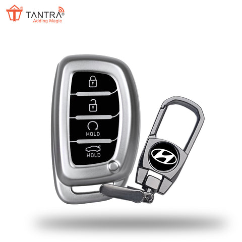 TANTRA TPU Key Cover and Metal Keychain Compatible for Hyundai Alcazar and Creta 2021 2022 & 2023 Car 4 Button Smart Key Grey