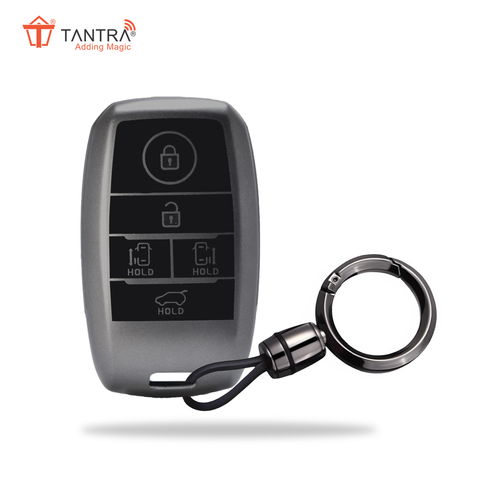 TANTRA TPU Key Cover and Round Key Chain Compatible with KIA Carnival 5 Button Flip Key (Grey)
