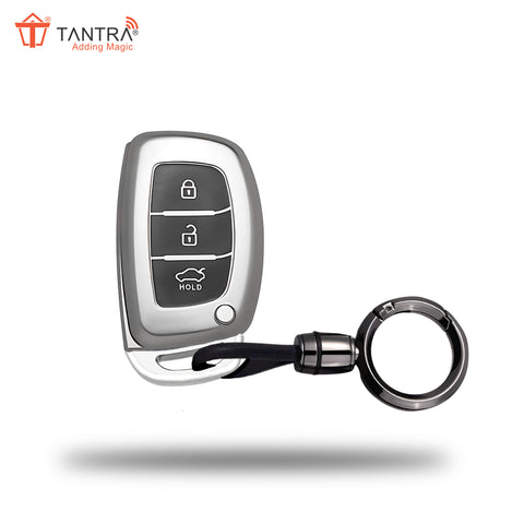 TANTRA TPU Key Cover and Round Keychain Compatible for Hyundai Aura Elantra I.10 Grand Nios I.20 Elite Verna 4S Creta I.10 Grand I.20 Activa Tucson Xcent 3 Button Smart Key (Grey)