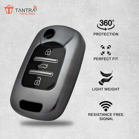 TANTRA TPU Key Cover and Metal Key Chain Compatible with MG Hector, 3 Button Flip Key (Grey)