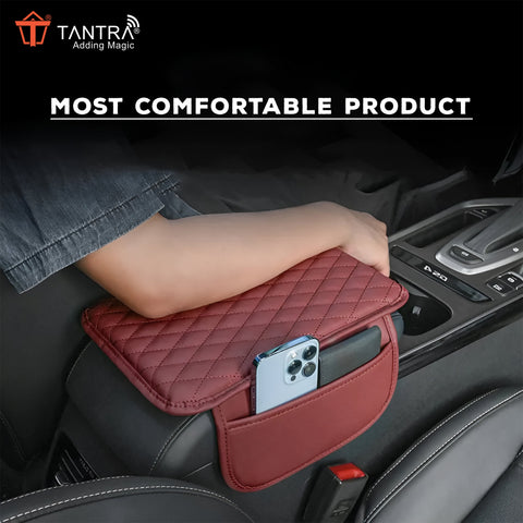TANTRA Car Armrest Cover Cushion with 2 Storage Bags - Soft, Comfortable, Non-Slip Protector for Vehicle Center Console - Waterproof, Durable, and Stylish (Red)