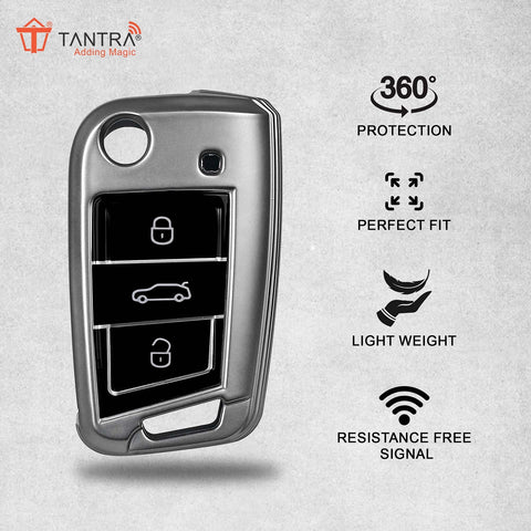 TANTRA TPU Key Cover  Compatible with Skoda & Volkswagen Cars Kylaq | Slavia | Kushaq | Octavia | Virtus | Taigun | Tiguan | T ROC 3  Button Flip Key (Grey)