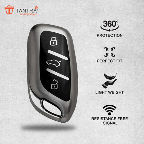 TANTRA TPU Key Cover and Metal Key Chain Compatible with MG ZS EV Electric | Astor 3 Button Flip Key (Grey)