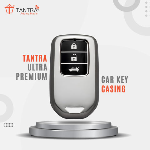 TANTRA TPU Key Cover and Metal Keychain Compatible for Honda City, Civic, Jazz, Amaze, CR-V, BR-v, WR-V with 3 Button Smart Key (Grey)