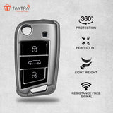 TANTRA TPU Key Cover and Metal Key Chain Compatible with Skoda & Volkswagen Cars Kylaq | Slavia | Kushaq | Octavia | Virtus | Taigun | Tiguan | T ROC 3  Button Flip Key (Grey)