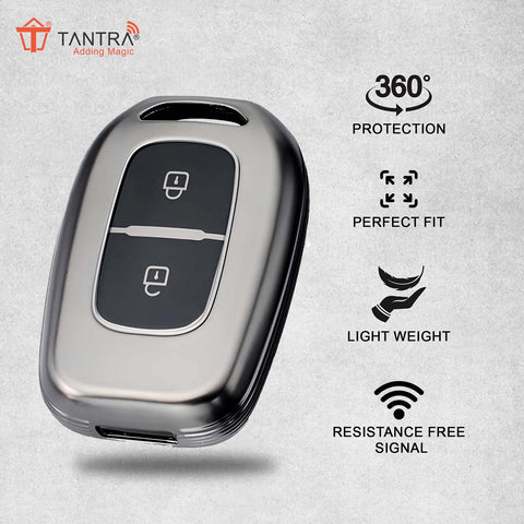 TANTRA TPU Key Cover and Metal Key Chain Compatible with Renault Kwid Duster Kiger Triber 2 Button Flip Key (Grey)