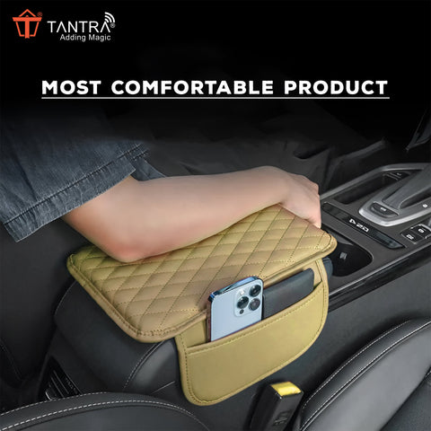 TANTRA Car Armrest Cover Cushion with 2 Storage Bags - Soft, Comfortable, Non-Slip Protector for Vehicle Center Console - Waterproof, Durable, and Stylish ( Beige)
