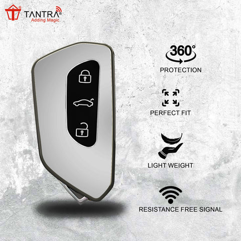TANTRA TPU Key Cover and Metal Key Chain Compatible with koda Kodiaq, Octavia 2021 Onwards 3 Button Flip Key (Grey)