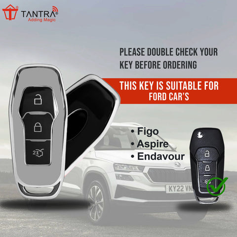 TANTRA TPU Key Cover and Metal Key Chain Compatible with Endeavour  Figo Aspire, Freestyle 3 Button Flip Key (Grey)