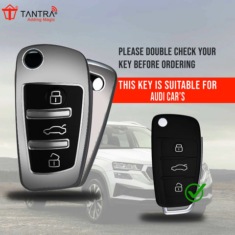 TANTRA TPU Key Cover and Round Key Chain Compatible with  Audi A1 A3 A6 Q2 Q3 Q7 TT TTS R8 S3 S6 RS3 3 Button Flip Key (Grey)