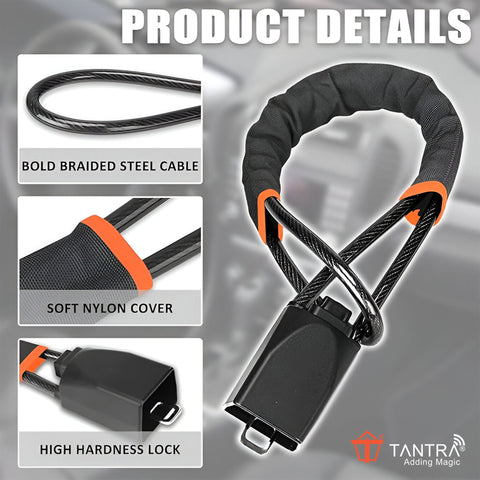 TANTRA Heavy Duty Steering Wheel Lock, Alloy Steel Anti-Theft Car Lock with Safety Belt Buckle Attachment, 3 Keys for Truck, SUV, Van, Hatchback - Vehicle Security Steering Wheel Immobilizer