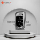 TANTRA TPU Key Cover and Metal Key Chain Compatible with Skoda & Volkswagen Cars Kylaq | Slavia | Kushaq | Octavia | Virtus | Taigun | Tiguan | T ROC 3  Button Flip Key (Grey)
