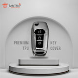 TANTRA TPU Key Cover and Round Key Chain Compatible with Endeavour, Figo Aspire, Freestyle 2017, 2018, 2019 3 Button Flip Key (Grey)