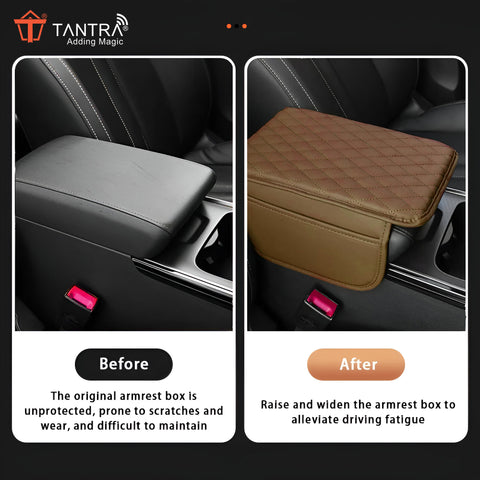 TANTRA Car Armrest Cover Cushion with 2 Storage Bags - Soft, Comfortable, Non-Slip Protector for Vehicle Center Console - Waterproof, Durable, and Stylish ( Tan )
