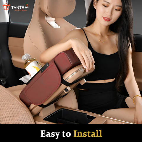 TANTRA Premium Car Armrest Cushion Organizers, 5-in-1 Center Console Cover with 2 Storage Bags Cup Holder, Tissue Box Slot, Phone Slot for Sedans, Car Accessories Interior Organizers (Brown)