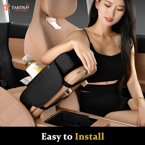 TANTRA Premium Car Armrest Cushion Organizers, 5-in-1 Center Console Cover with 2 Storage Bags Cup Holder, Tissue Box Slot, Phone Slot for Sedans, Car Accessories Interior Organizers (Black)