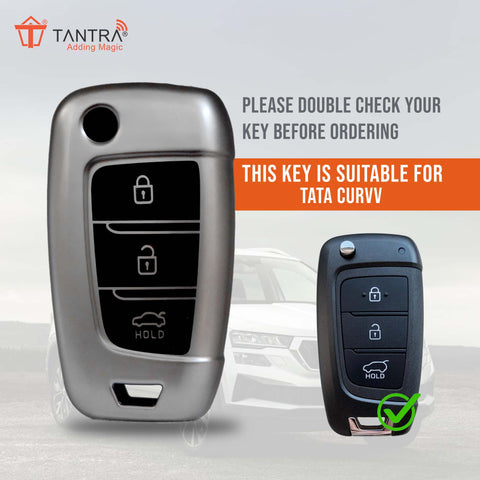 TANTRA TPU Key Cover and Metal Key Chain Compatible with Hyundai Verna 2024 2023 | i20 N line N6 Car 3 Button Flip Key (Grey)