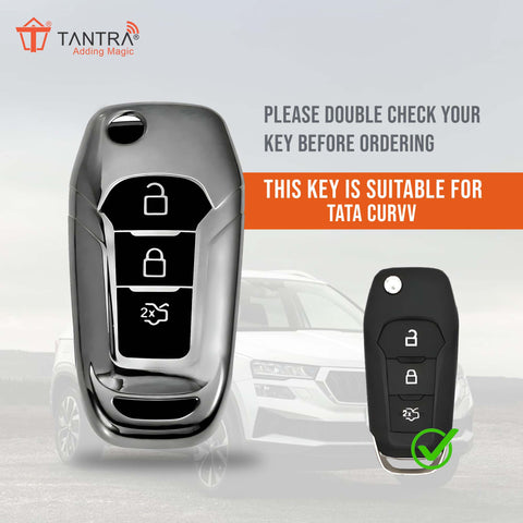 TANTRA TPU Key Cover and Metal Key Chain Compatible with Endeavour, Figo Aspire, Freestyle 2017, 2018, 2019 3 Button Flip Key (Grey)