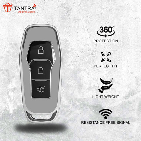 TANTRA TPU Key Cover and Round Key Chain Compatible with Endeavour, Figo Aspire, Freestyle 3 Button Flip Key (Grey)