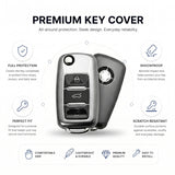 TANTRA Premium TPU Key Cover and Round Key Chain Compatible With Skoda & Volkswagen 3 Button Flip Key | Compatible with Polo, Vento, Jetta, Ameo, Passat, Rapid, Laura, Superb, Octavia, Fabia & Yeti | Full Protection Soft TPU Case | Grey