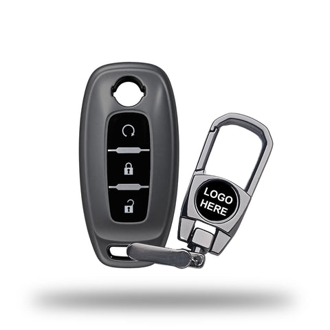 TANTRA TPU Key Cover and Metal Key Chain Compatible with Nissan Ariya X-Trail Qashqai Altima Teana, 3 Button Smart Key Case, Soft Silicone Car Key Protector with Keychain, Grey