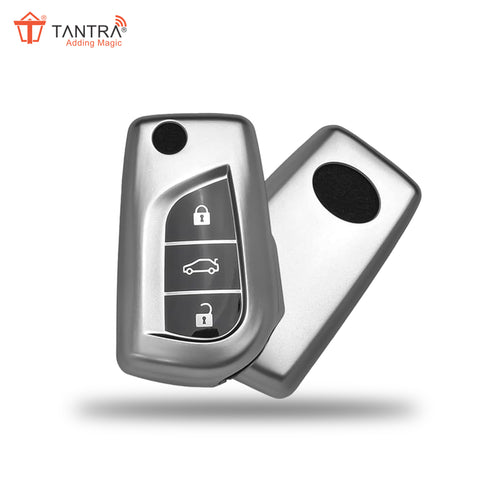 TANTRA TPU Key Cover and Metal Keychain Compatible for Toyota Corolla | Altis | Innova Crysta 3 Button Car Smart Key (Grey Pack of 1)