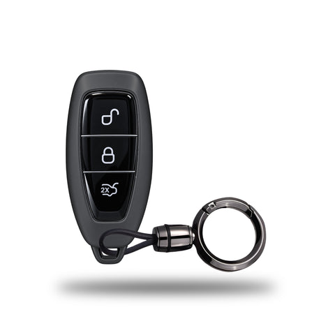 TANTRA TPU Key Cover and Round Key Chain Compatible with Ford Fiesta Focus Kuga C-Max Grand C-Max Galaxy B-Max S-Max | 3 Button Smart Remote Key Case | Grey
