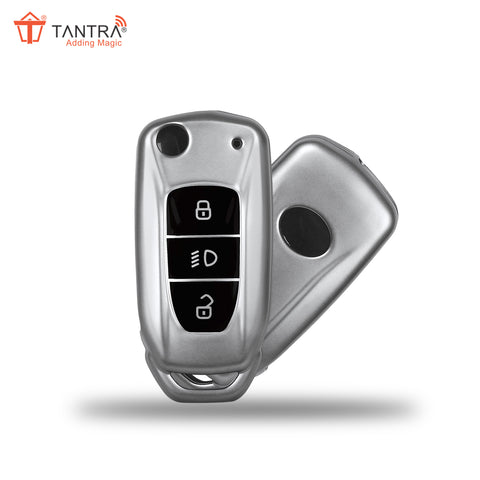 TANTRA TPU Key Cover and Metal Keychain Compatible for Tata Nexon | Altroz | Tiago | Punch | Harrier | Safari | Tigor 3 Button Flip Key Cover (Grey Pack of 1)