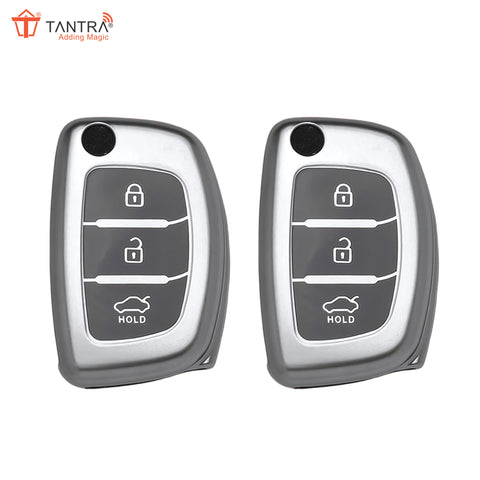 TANTRA TPU Key Cover and Metal Keychain Compatible for Hyundai i 20, Xcent,Verna Flude 3 Button Flip Smart Key Cover (Grey Pack of 2)