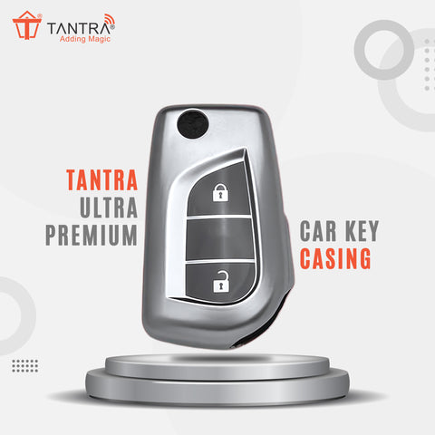 TANTRA TPU Key Cover and Metal Keychain Compatible for Toyota Corolla | Altis | Innova Crysta 2 Button Car Smart Key (Grey)