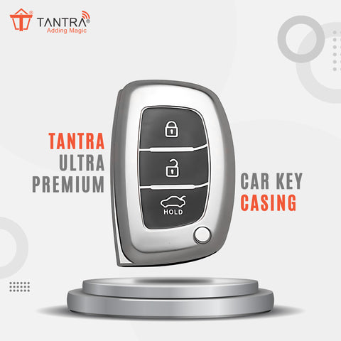 TANTRA TPU Key Cover and Metal Keychain Compatible for Hyundai Aura Elantra I.10 Grand Nios I.20 Elite Verna 4S Creta I.10 Grand I.20 Activa Tucson Xcent 3 Button Smart Key (Grey Pack of 1)