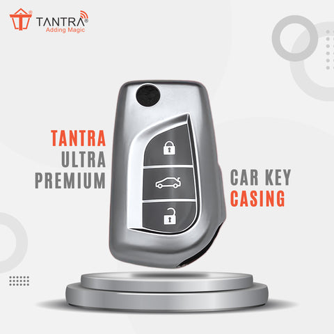 TANTRA TPU Key Cover and Metal Keychain Compatible for Toyota Corolla | Altis | Innova Crysta 3 Button Car Smart Key (Grey Pack of 1)