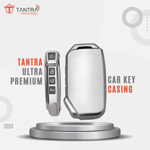 TANTRA TPU Key Cover and Metal Keychain Compatible for Kia Seltos 2023 Facelift HTX | Carens X Line 4 Button Smart Key (Grey)