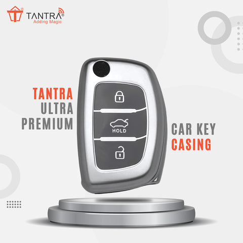 TANTRA TPU Key Cover and Metal Keychain Compatible for Hyundai i 20, Xcent,Verna Flude 3 Button Flip Smart Key Cover Grey