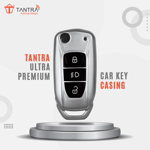 TANTRA TPU Key Cover and Metal Keychain Compatible for Tata Nexon | Altroz | Tiago | Punch | Harrier | Safari | Tigor 3 Button Flip Key Cover (Grey)