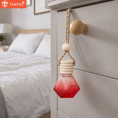 TANTRA Car Perfume Hanging Pod Floral Splendour Fragrance | Premium Car Air Freshener | Natural Essential Oils | Glass Bottle with Wooden Diffuser Lid | Long Lasting Up to 60 Days | Car, Office, Home