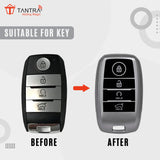 TANTRA TPU Key Cover and Metal Keychain Compatible for Kia Seltos, Sonet, Carens, Carnival 4 Button Smart Key (Hold Button Down) (Grey)