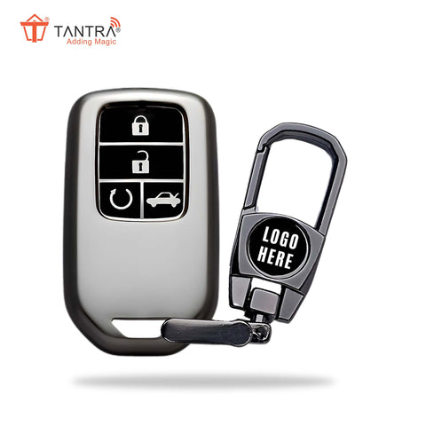 TANTRA TPU Key Cover and Metal Key Chain Compatible With Honda Amaze | City | Civic 2023 2024 4 Button Flip Key (Grey)